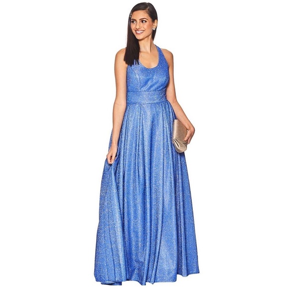 NWT Morgan & Co Blue Glitter Shimmer Pleated Gown - Picture 3 of 16